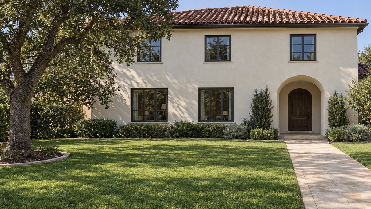 Cream stucco home with a terracotta tile roof, arched oak entry, limestone walk and deep lawn shaded by a mature oak.