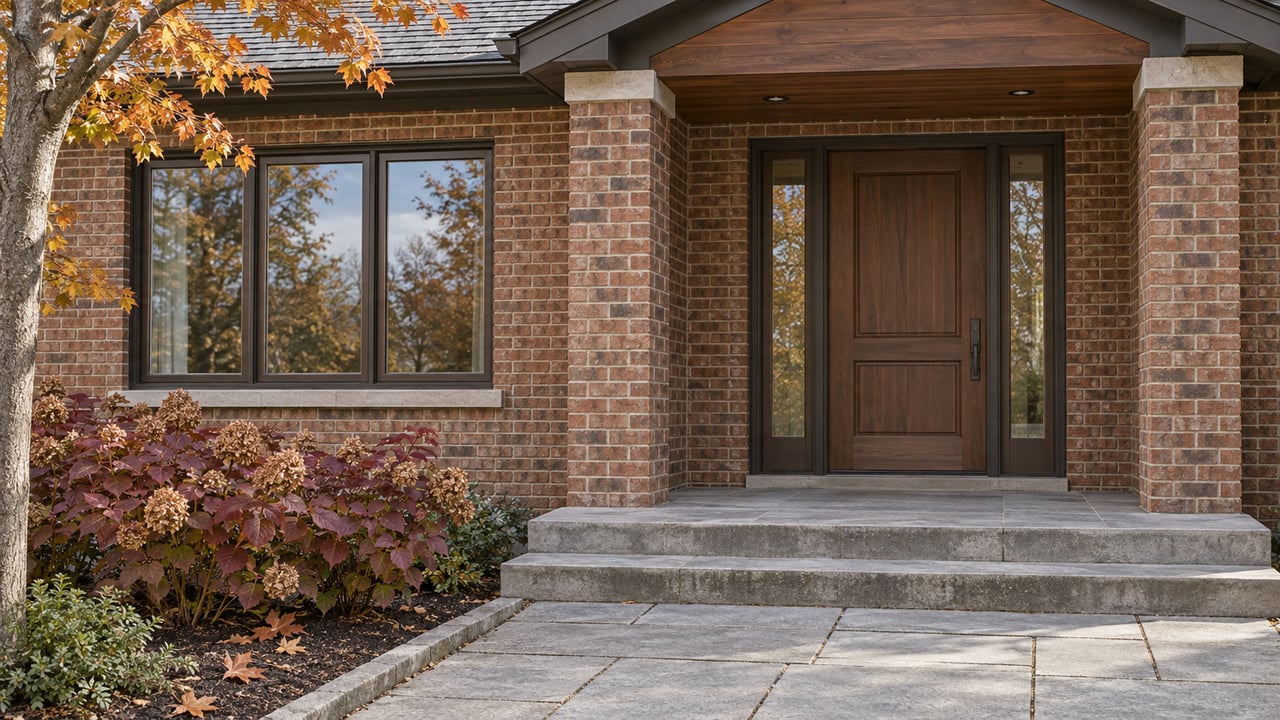Warm brick home with a sheltered walnut entry, limestone steps, and burgundy oakleaf hydrangeas beneath autumn maple branches.