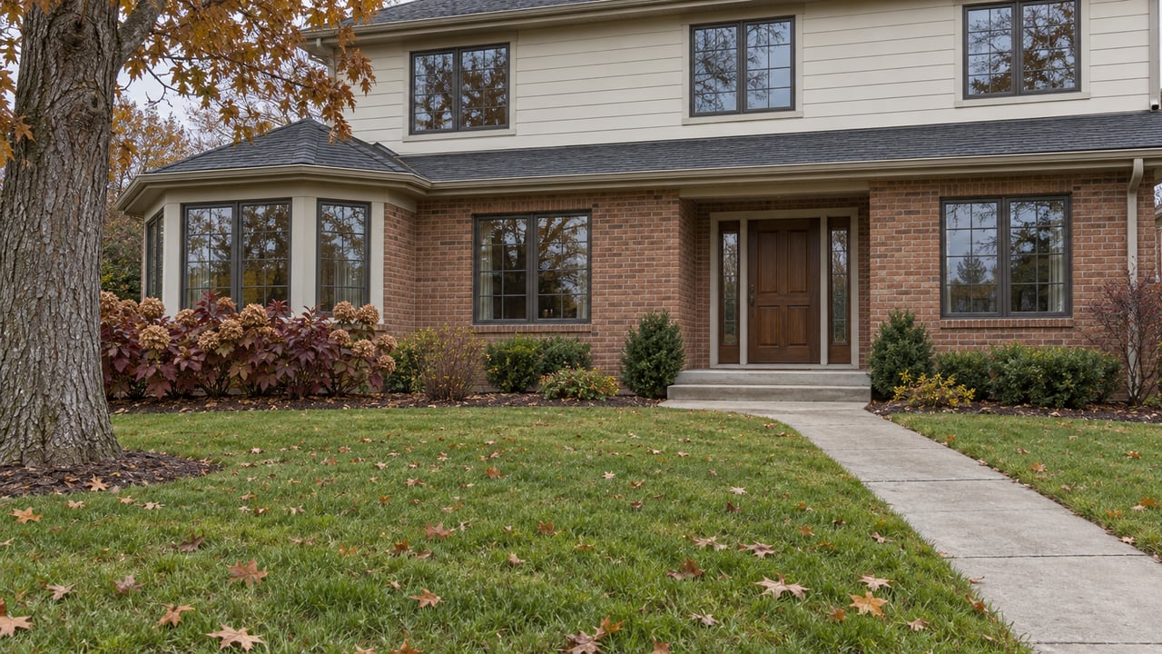 Autumn lawn and concrete entry walk leading to a brick and ivory-sided home with dark windows and a walnut-toned front door.