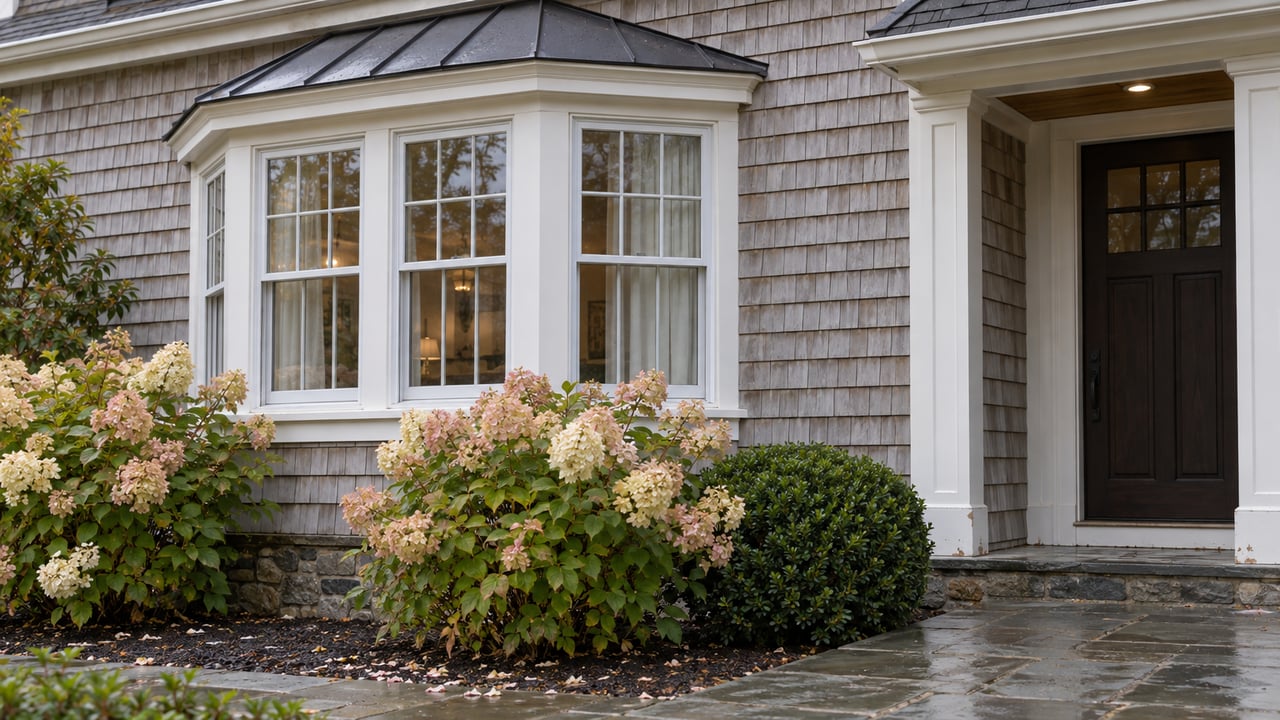 Gray-shingled house with a white-trimmed bay window, recessed dark door, and rain-darkened stone path.
