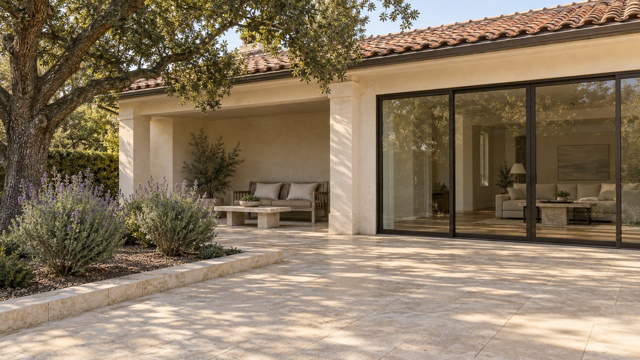 A cream stucco home's shaded rear terrace with pale limestone paving, a teak bench and a spreading live oak.