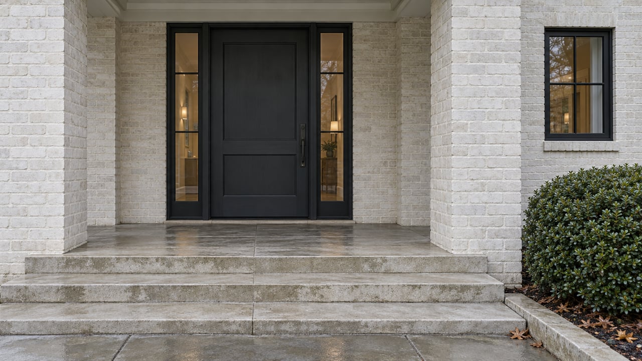 Dark entry door flanked by narrow sidelights in a painted-brick house, above damp limestone steps.