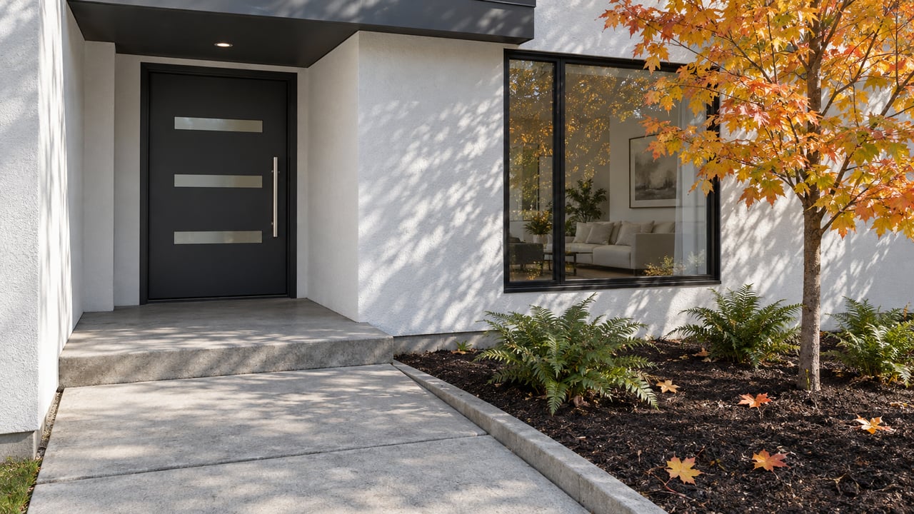 Contemporary recessed entry with white stucco, a charcoal door, black-framed window, concrete approach and autumn sugar maple.