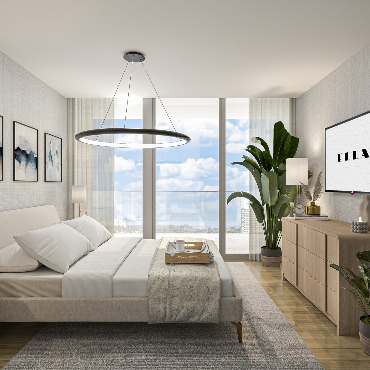 Rendering of a penthouse bedroom and sitting area at Ella Miami Beach.