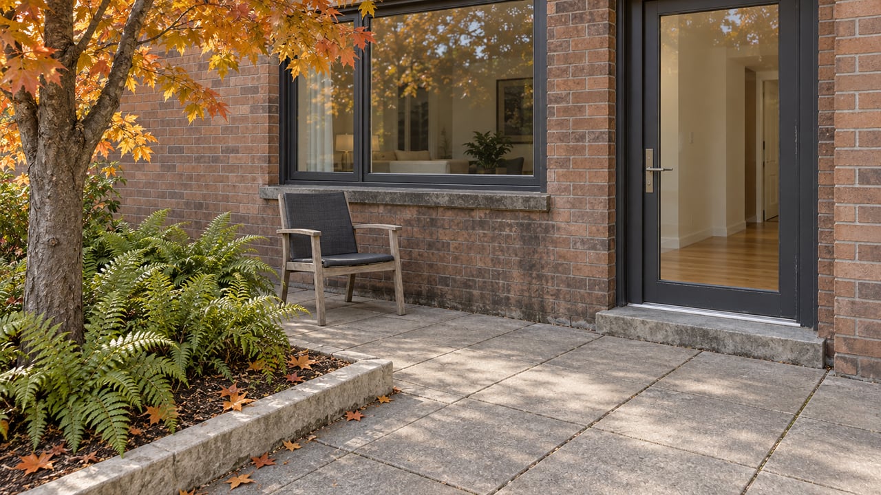 Brick condominium entry beside a small stone-paved terrace, a teak chair and an autumn maple.