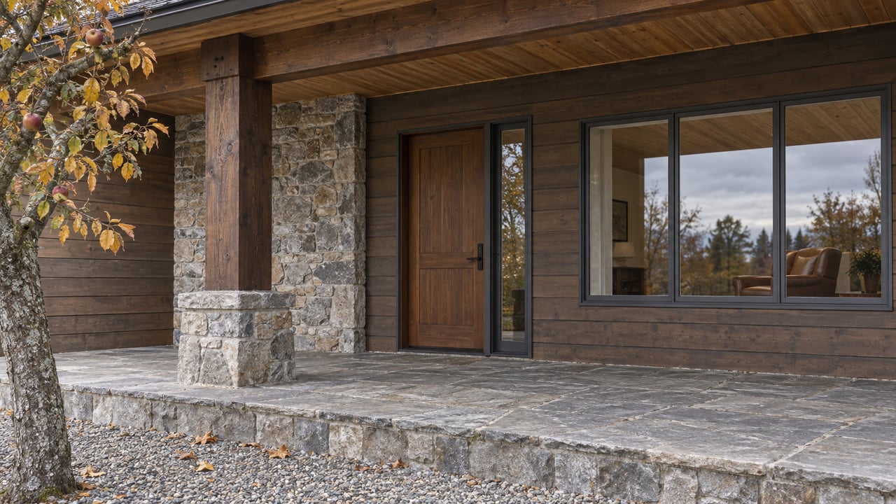 Covered timber entry with gray stone masonry, a glazed living-room window, and sparse autumn apple branches beside a stone terrace.