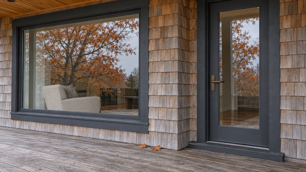Weathered cedar porch with charcoal-framed glass, a bronze door lever, and reflections of copper autumn maple leaves.
