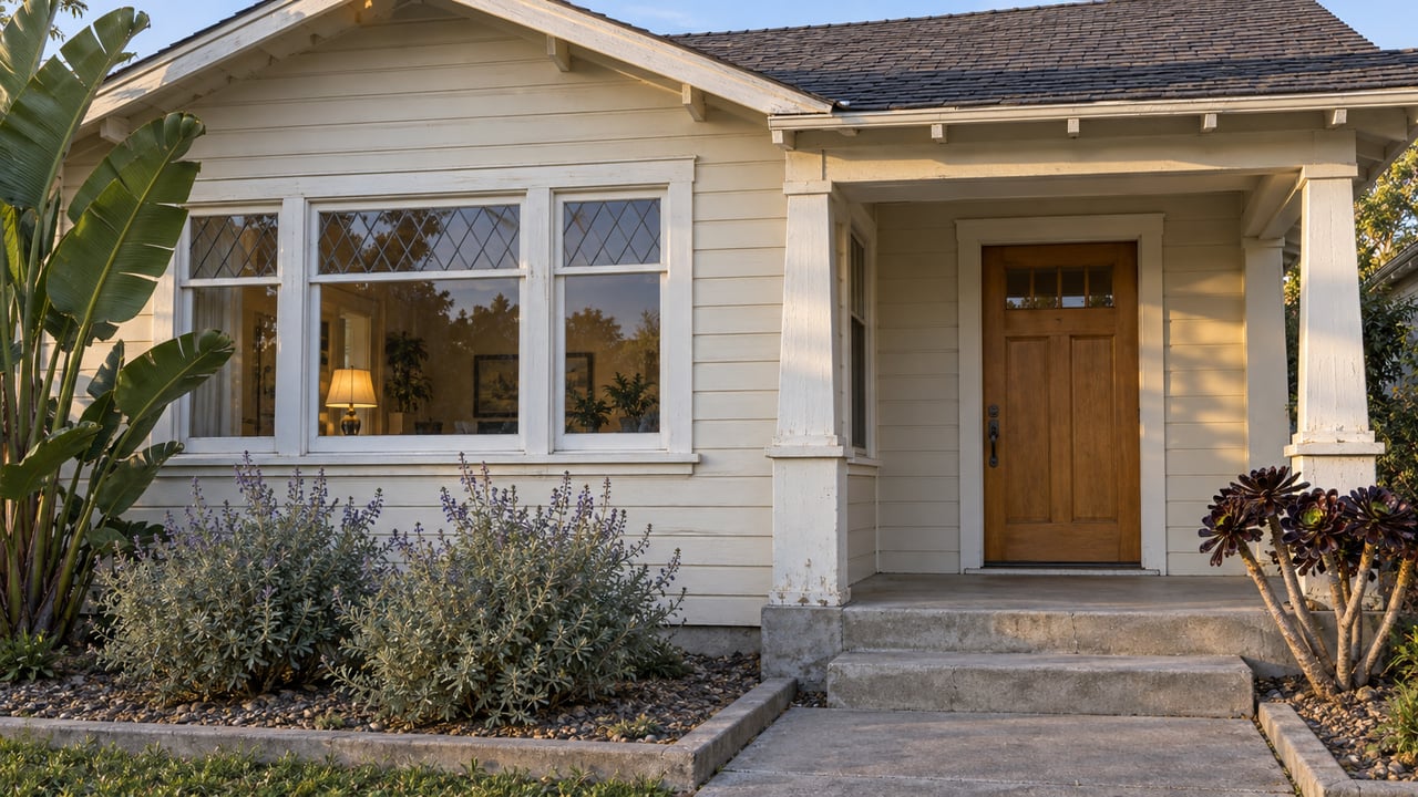 Evening light on an ivory bungalow with a recessed timber entry, diamond-pane window, concrete steps and sculptural planting.