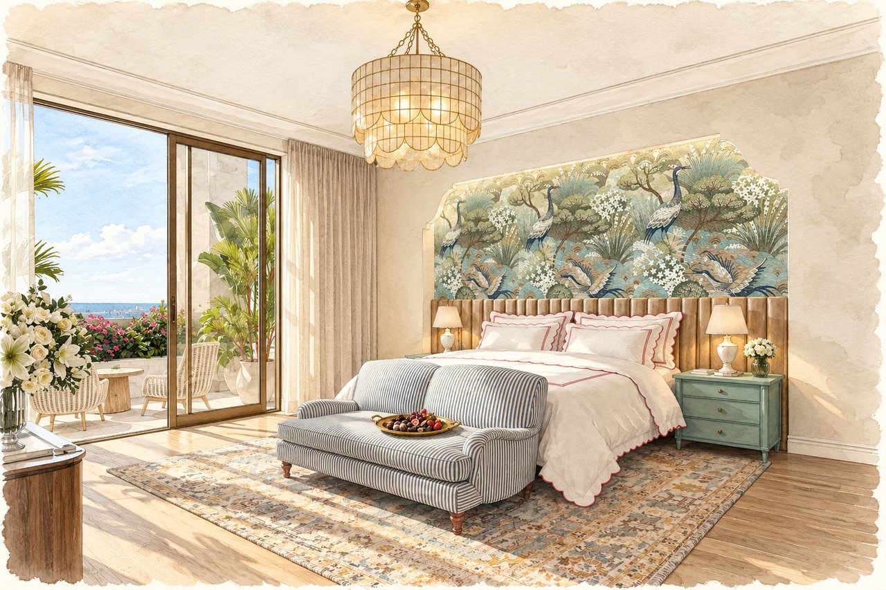 Bedroom rendering with a bird mural, striped loveseat, and sliding doors overlooking the ocean.