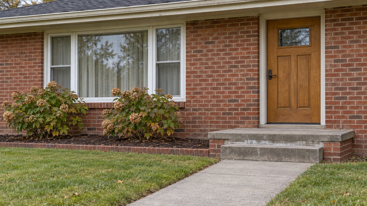 Brick ranch entrance with a warm wood door, white-framed window, weathered concrete steps and oakleaf hydrangeas beside a green lawn.
