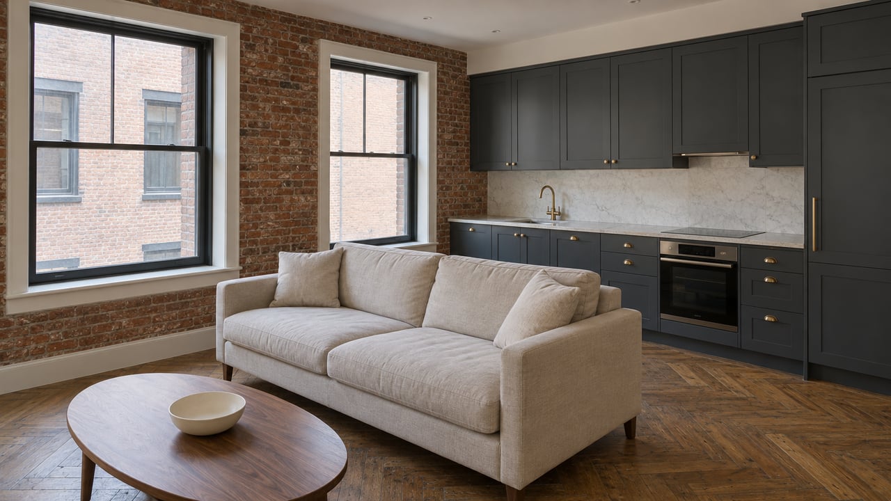 Renovated apartment with exposed red brick, tall dark-framed windows, herringbone oak flooring, an oatmeal sofa and a charcoal kitchen.
