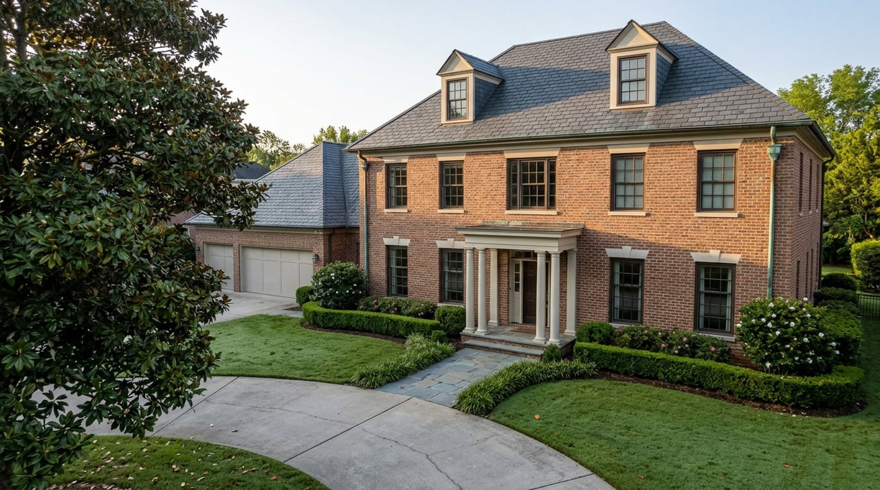 Two-story brick home with a columned entry, front dormers, and a magnolia tree beside the lawn.