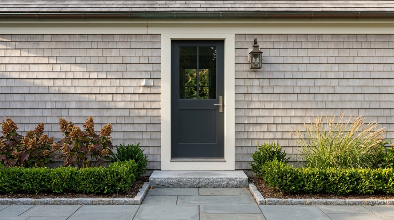 Charcoal side door in a silver-gray cedar shingle wall, framed by autumn hydrangeas and a bluestone path.