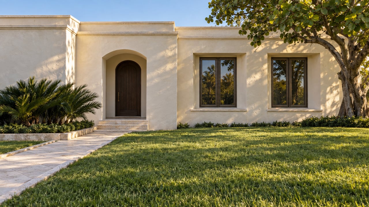 Cream stucco single-story home with a recessed arched entry, limestone walkway, deep lawn and mature sea grape tree in afternoon sunlight.