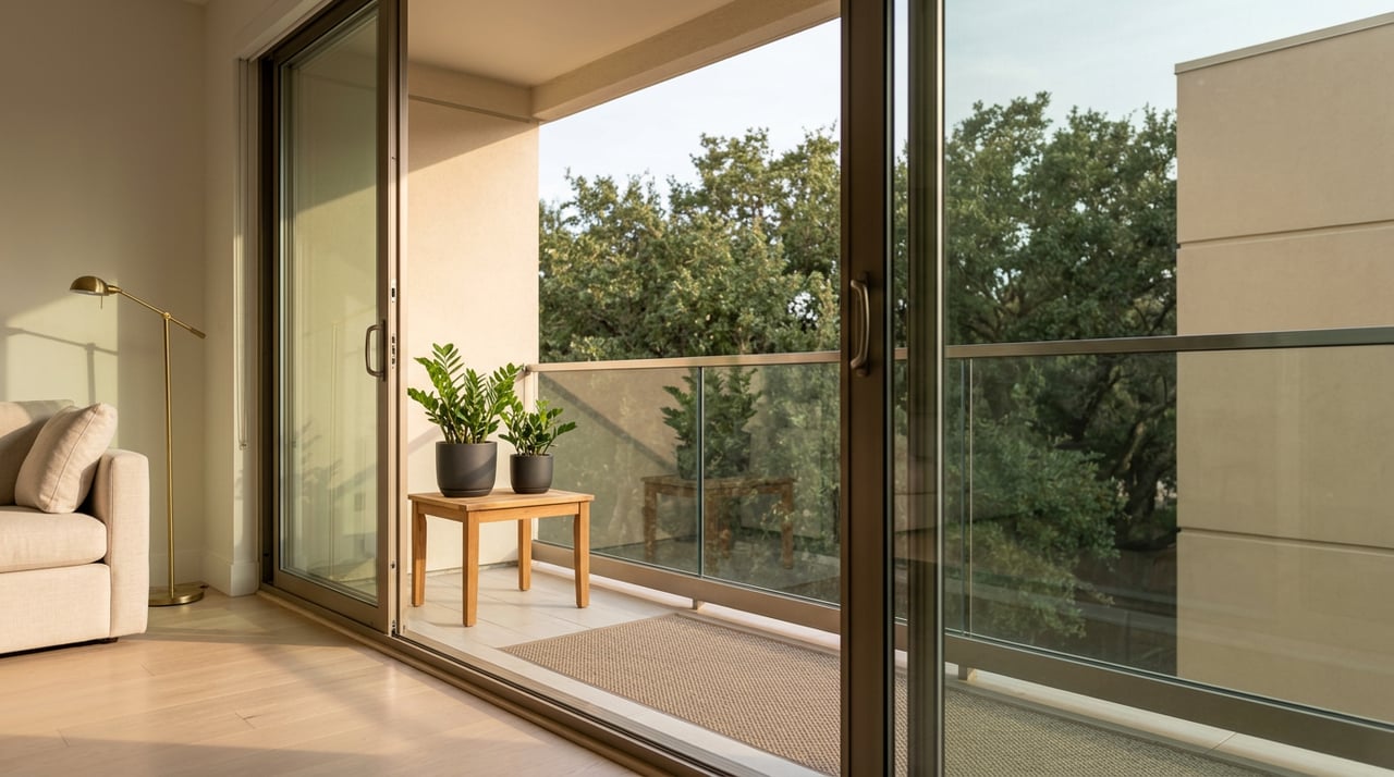 Open bronze-framed balcony doors reveal a teak plant table, glass railing, and oak canopy beside a bright living room.