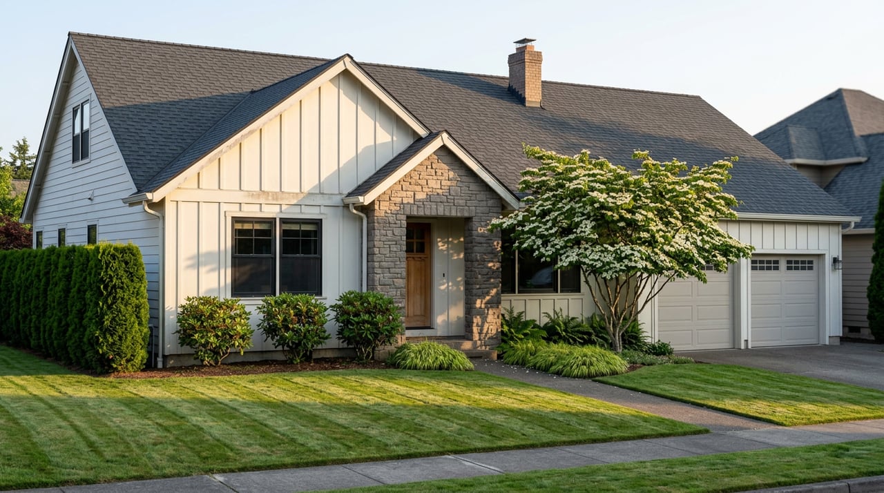 Warm white craftsman-style home with stone entry, striped lawn, flowering dogwood, and clipped hedge.