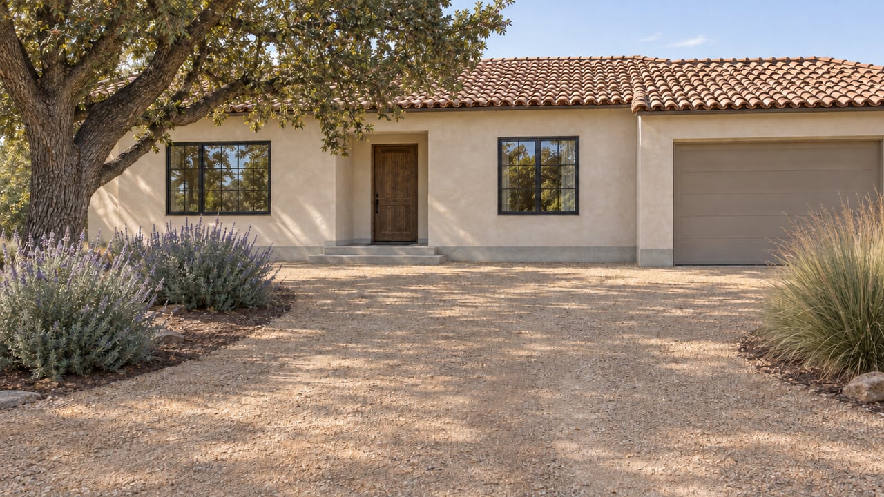 Stucco house with a low concrete foundation curb separating the facade from the gravel approach.