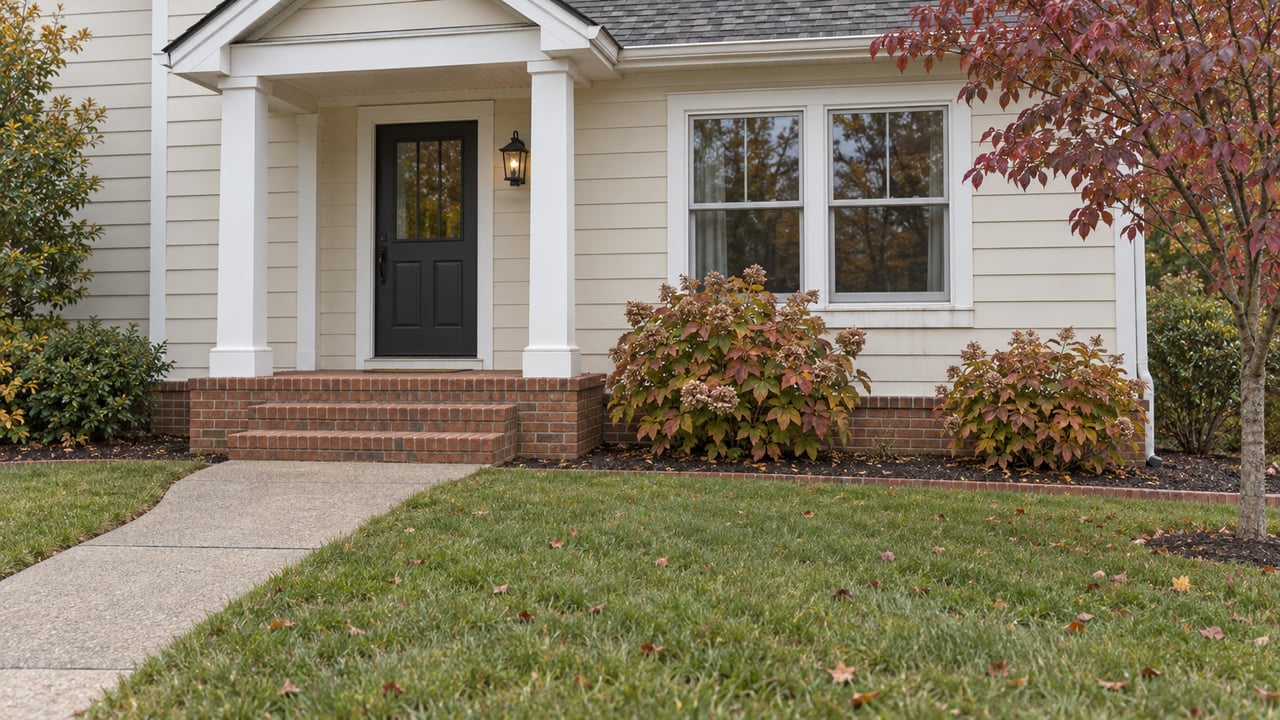 Light-sided home with a covered brick entry, a curved concrete approach, autumn dogwood and oakleaf hydrangeas.