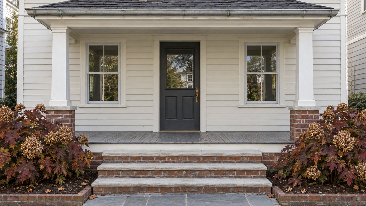 An ivory clapboard home's charcoal front door and paired windows above a painted wood porch, brick steps and autumn oakleaf hydrangeas.