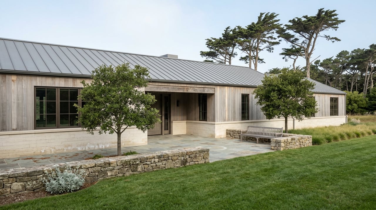Coastal stone-and-timber estate beyond a sloping lawn, framed by wind-shaped cypress and oak trees.