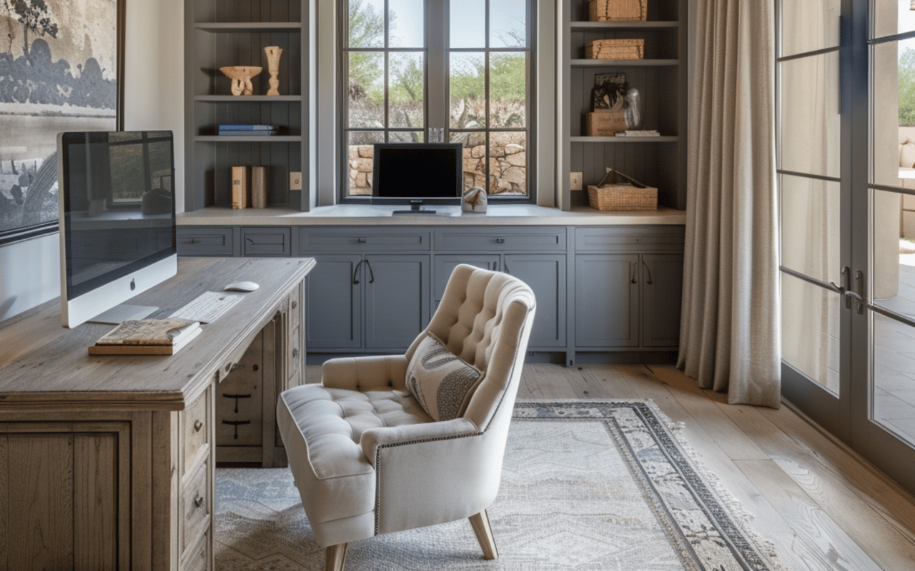 Home office with built-in gray cabinetry, a wooden desk, and a cream armchair by large windows.