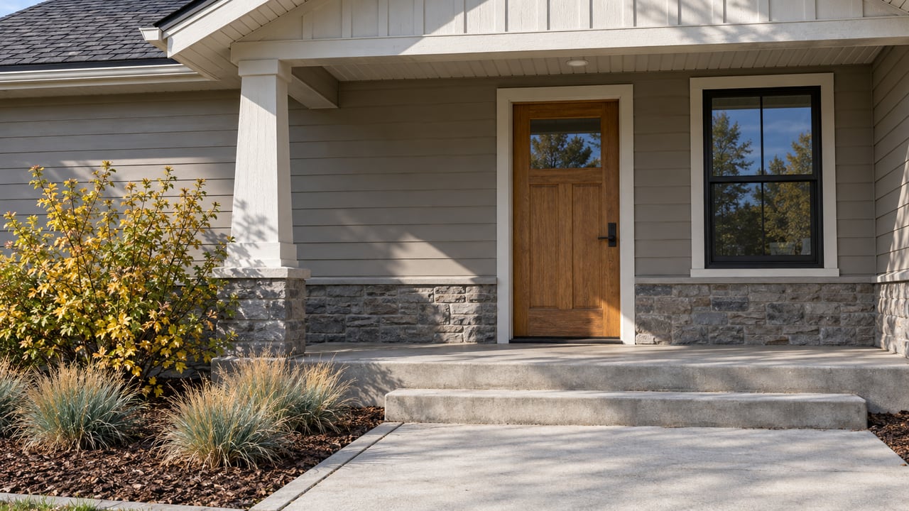 Morning light on a gray-sided home's wood front door, concrete porch steps, and compact autumn planting bed.