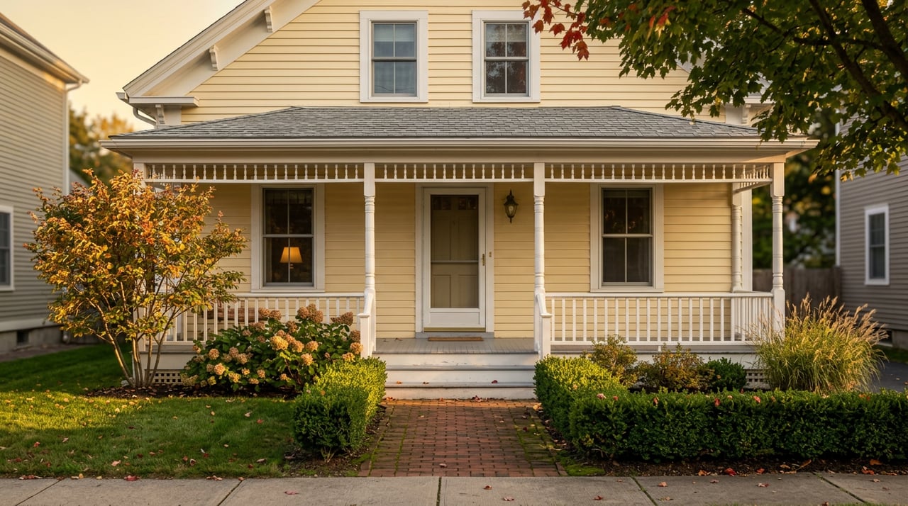 Butter-yellow gable-front house with a white turned-post porch, boxwood-lined brick walk, and flowering tree.
