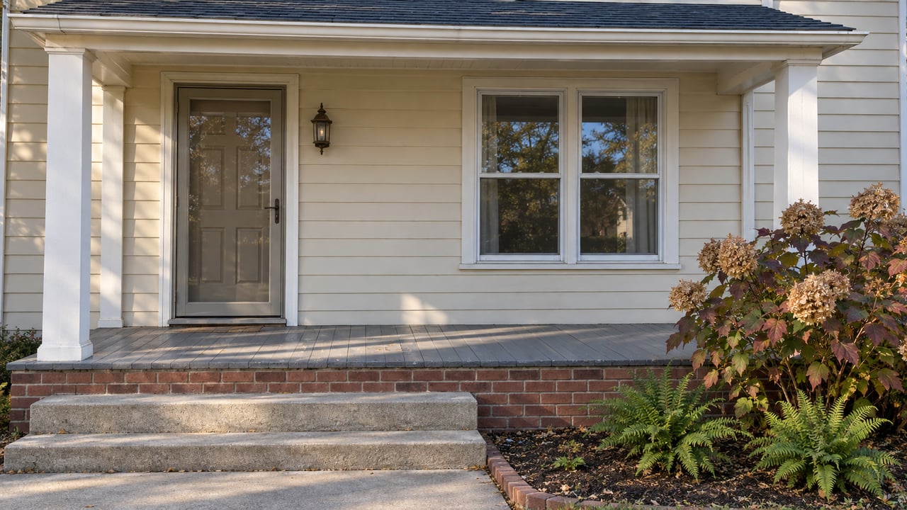 Morning light across an ivory-sided home's covered porch, brick base and concrete steps beside an oakleaf hydrangea.