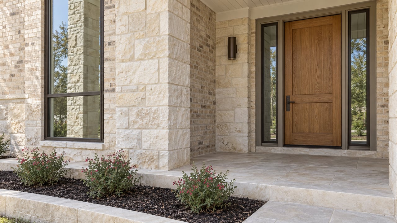 Covered entry of an upscale home with cream limestone, pale brick, an oak door, and a small flowering sage bed.
