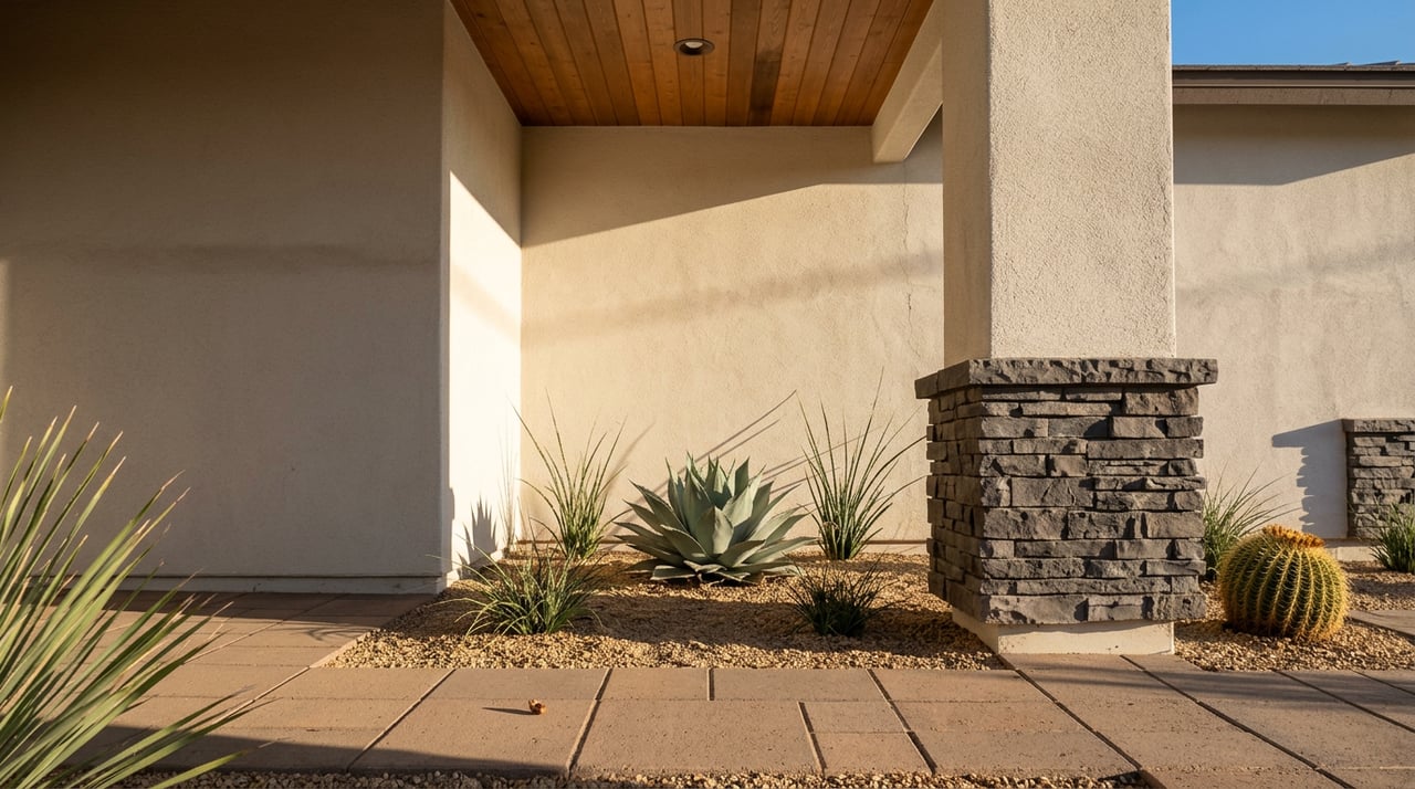 Ledgestone entry column beside a stucco wall, with a sculptural agave casting a spiky shadow.
