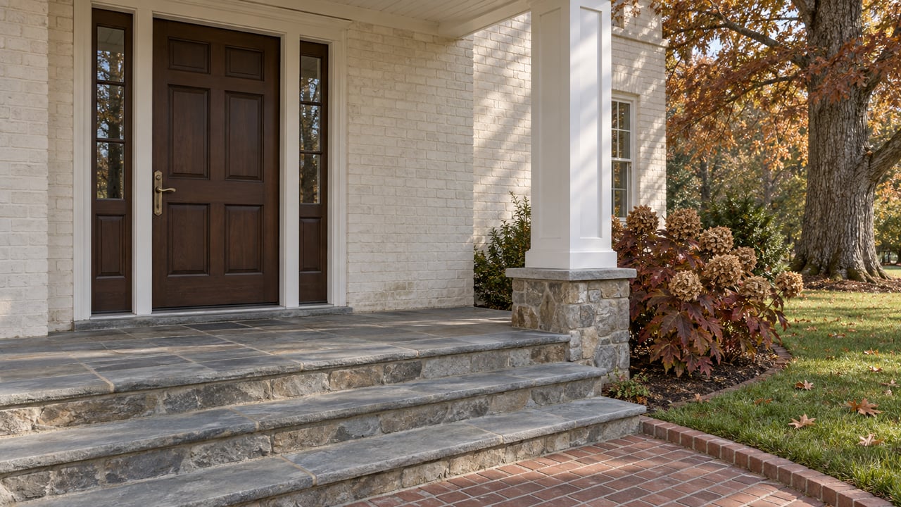 An ivory painted-brick home’s sheltered timber entry, with stone steps, a brick walk and autumn oak foliage.