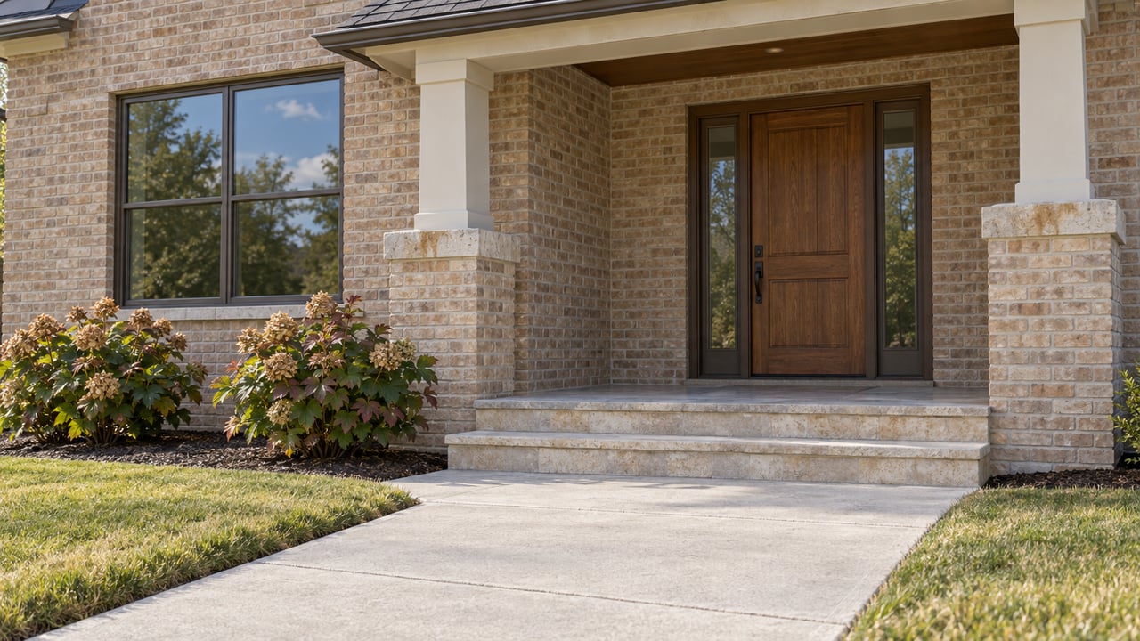 Sunlit buff-brick home entry with an oak door, limestone steps, a broad concrete approach, and oakleaf hydrangeas.