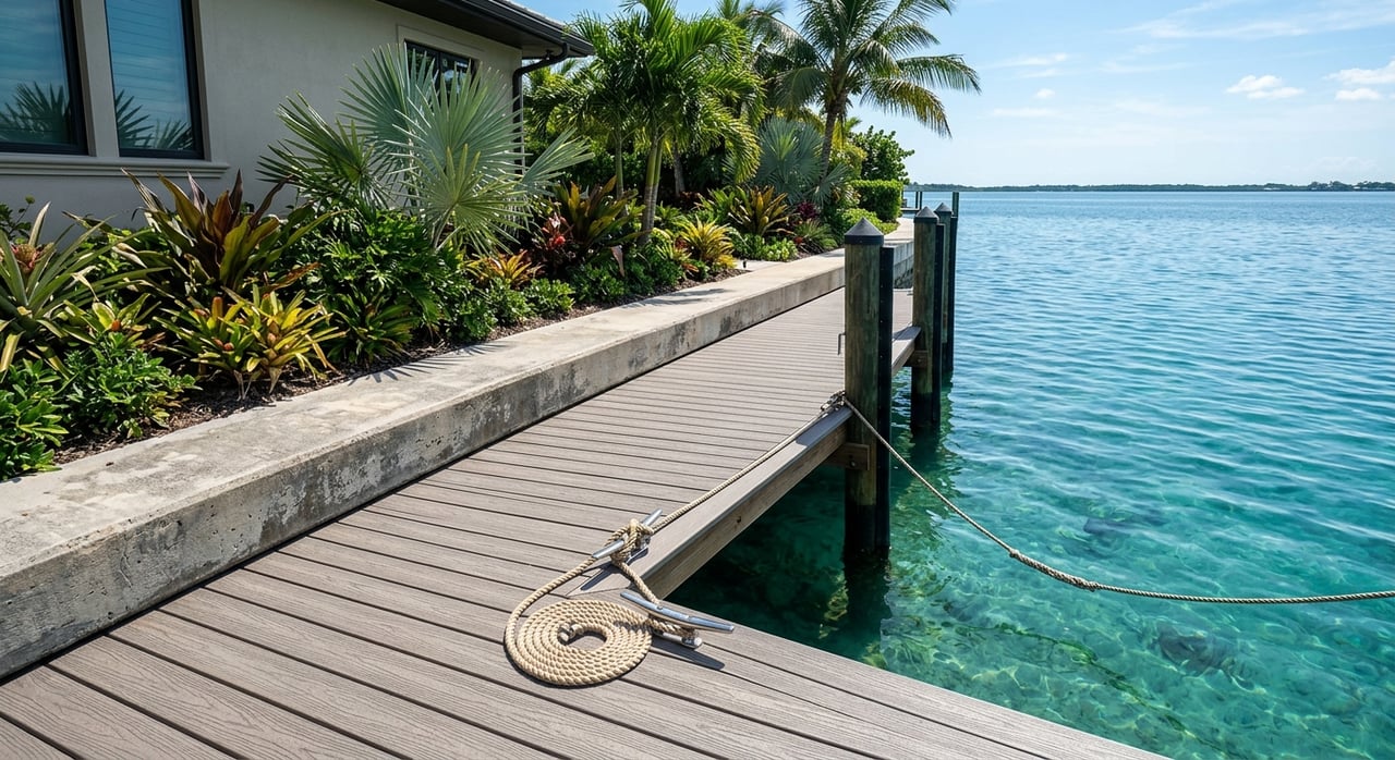 Waterfront dock with stainless cleats, folded boat-lift arms, timber pilings, and rippling turquoise water.