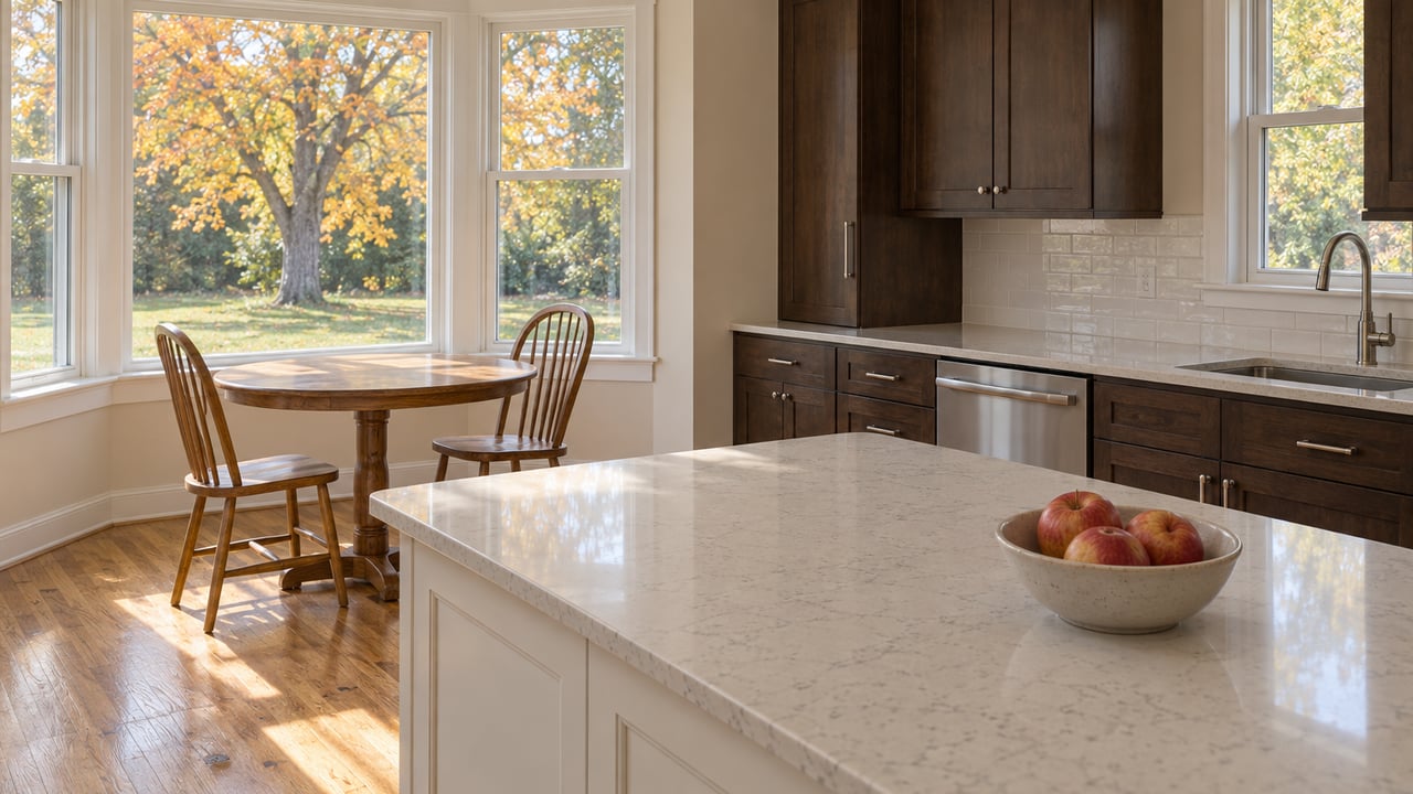 Sunlit kitchen with a white quartz island, dark wood cabinets and an oak breakfast table beside windows overlooking an autumn maple.