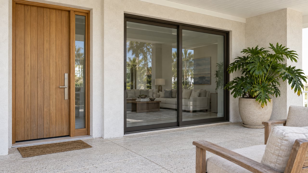 Covered entry terrace with ivory stucco, a tall timber door, bronze-framed glass, weathered teak chairs, and one leafy plant in a ceramic pot.