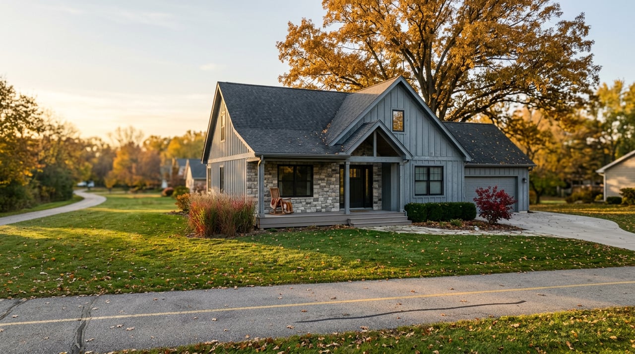 Modern farmhouse across a paved trail, with a golden bur oak, open lawn, and a rocking chair on the porch.