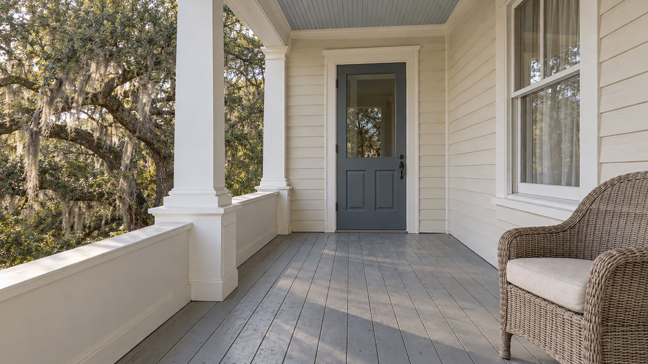 A raised veranda with cream clapboard siding, a slate-blue entrance door, weathered painted decking and one woven chair beside a window.