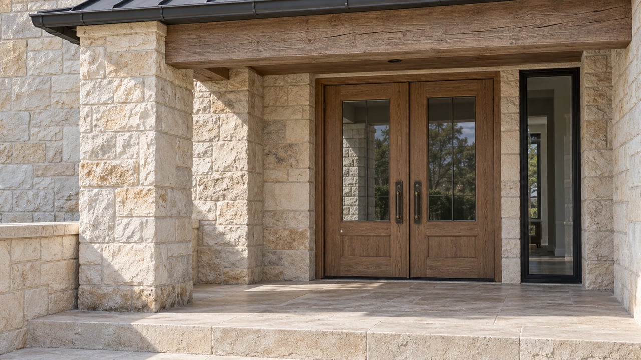 Close view of a limestone porch with a heavy timber beam, paired oak entry doors, dark metal roof edge and broad stone step.