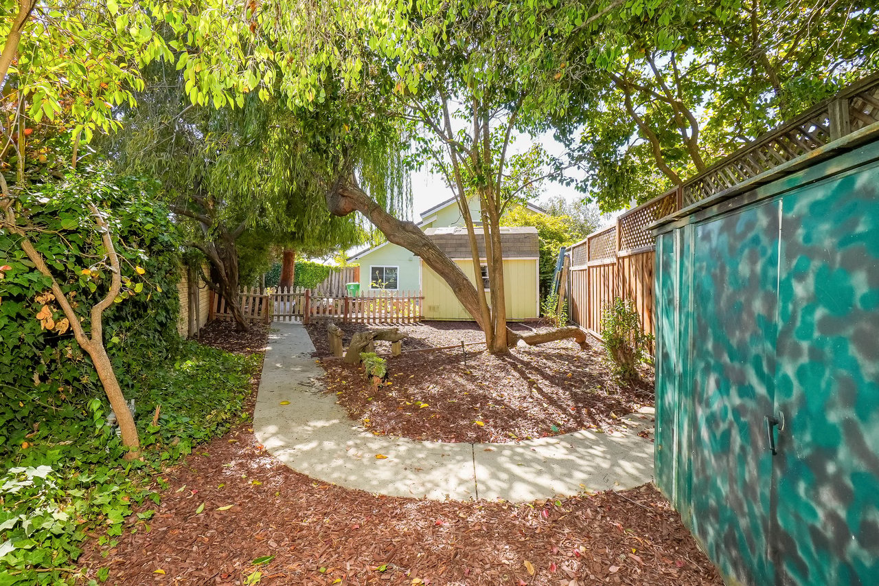 Backyard with a curved path, mature trees, and a pale-yellow shed behind a picket gate.
