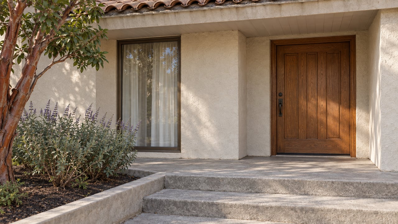 Home entrance with a dark wooden door, terracotta tile roof, and landscaped concrete steps.