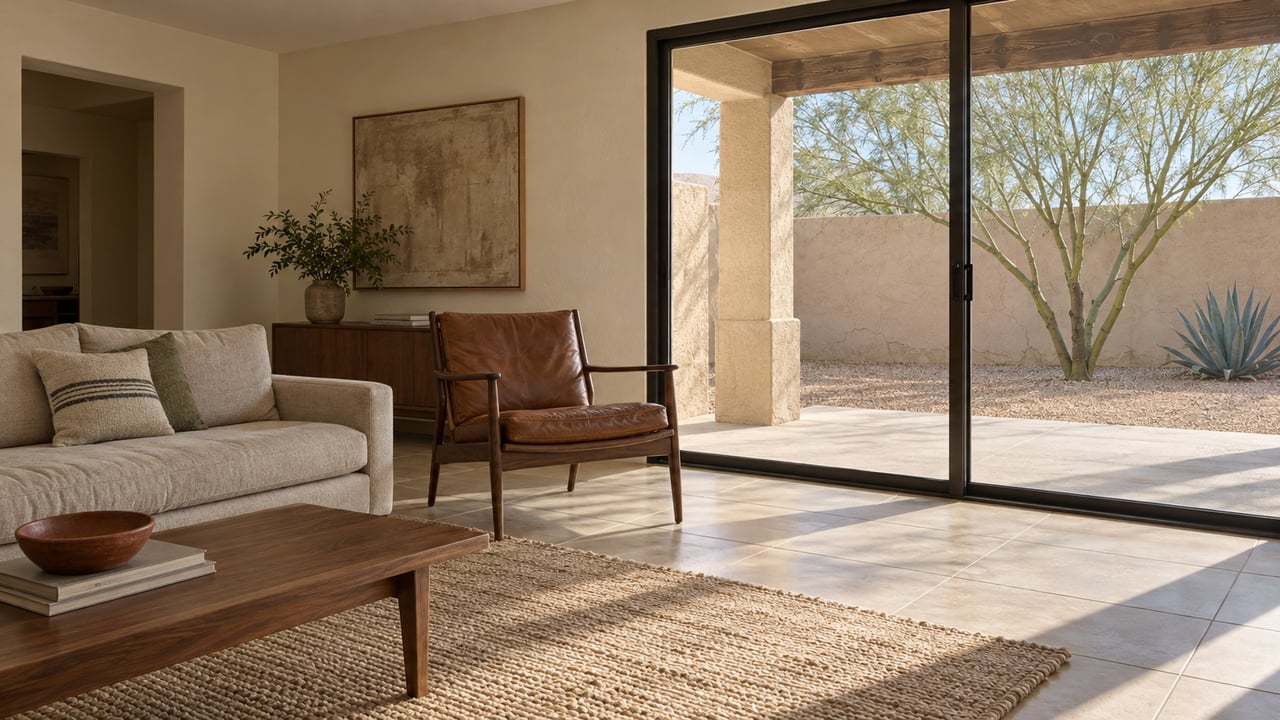 Sunlit living room with cream walls, tile floors, linen seating and closed glass doors facing a gravel courtyard.