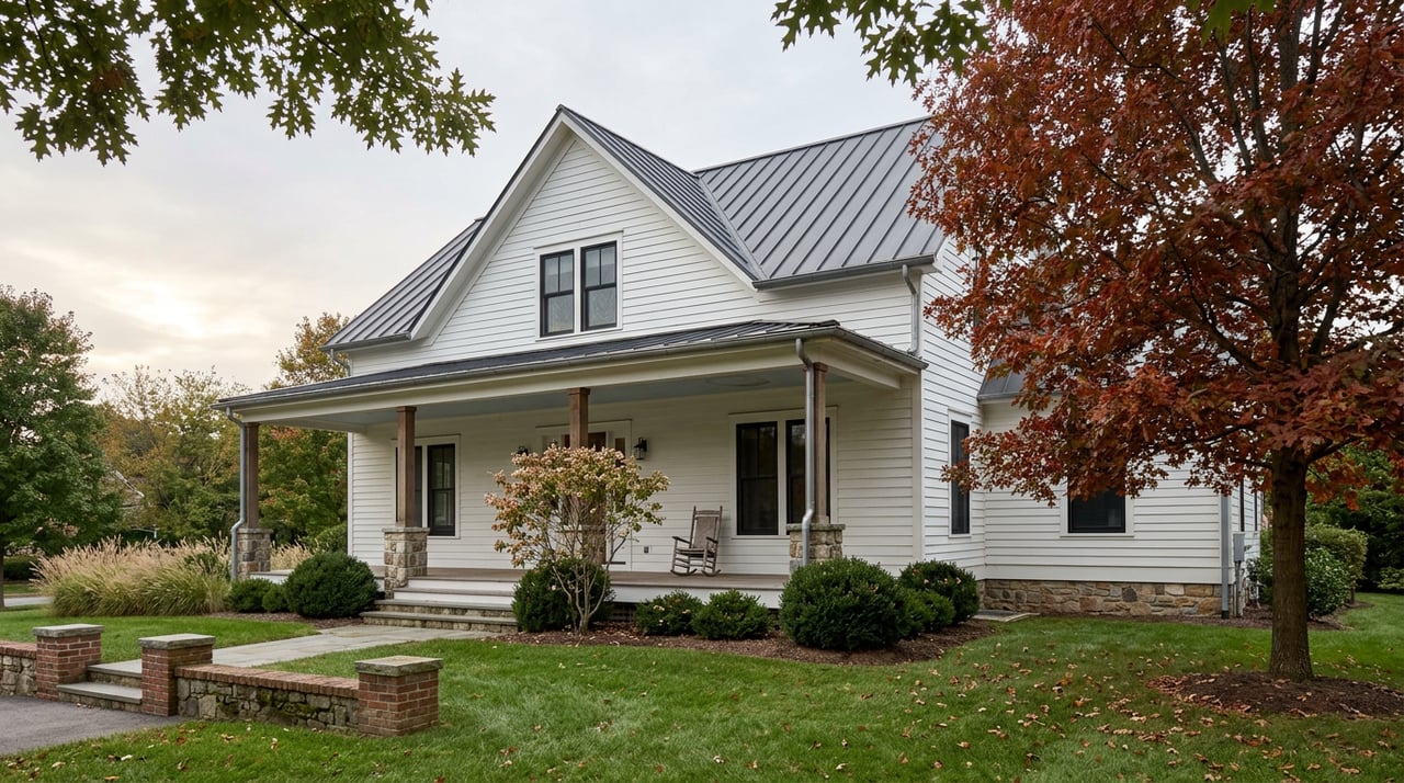 White two-story farmhouse with a covered porch, stone foundation, red-orange oak canopy, and brick garden wall.