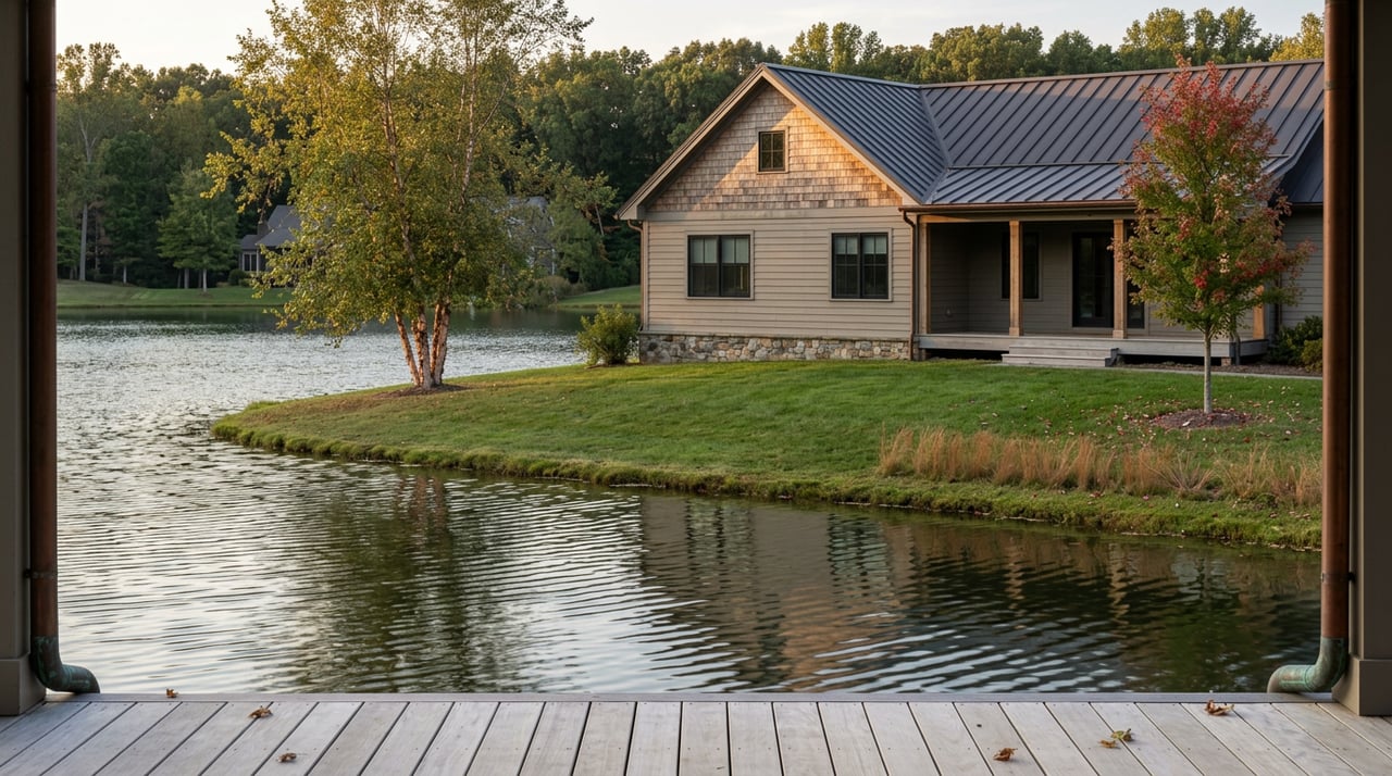 Lakefront home with a covered cedar porch, sloping lawn, and early autumn trees reflected across calm water.
