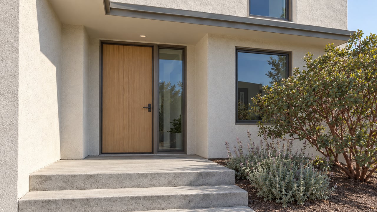 Sunlit stucco home entry with a pale oak door, bronze-framed windows, concrete steps and sculptural manzanita planting.