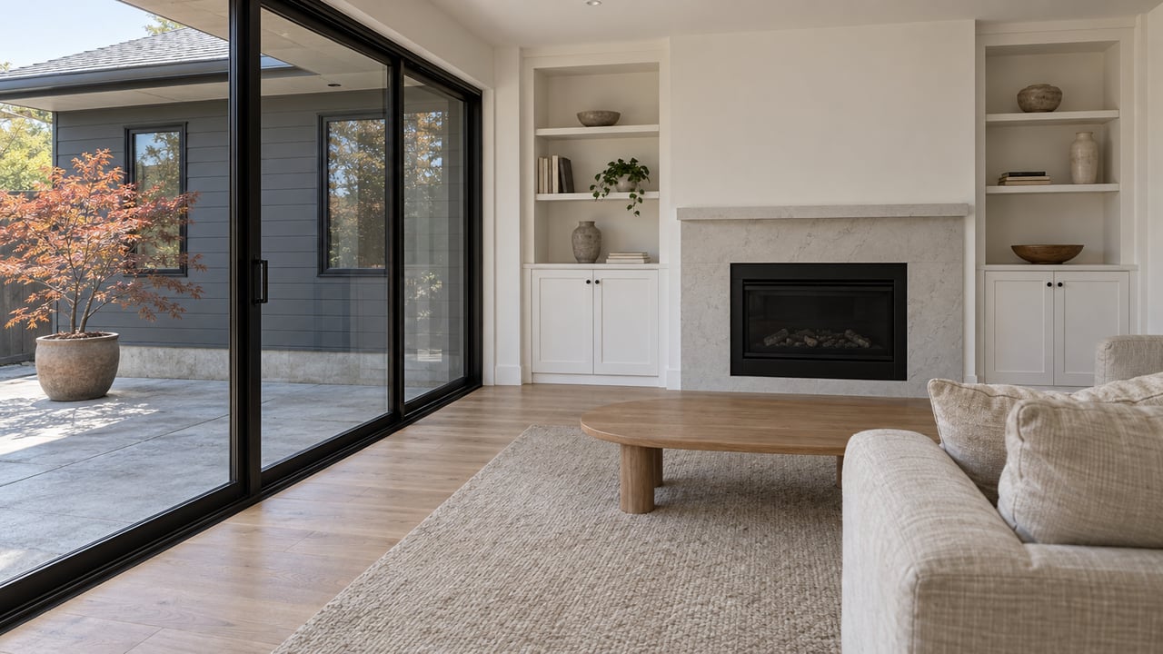 Airy living room with white built-ins, a black fireplace, pale oak flooring and closed glass doors facing a small concrete patio.