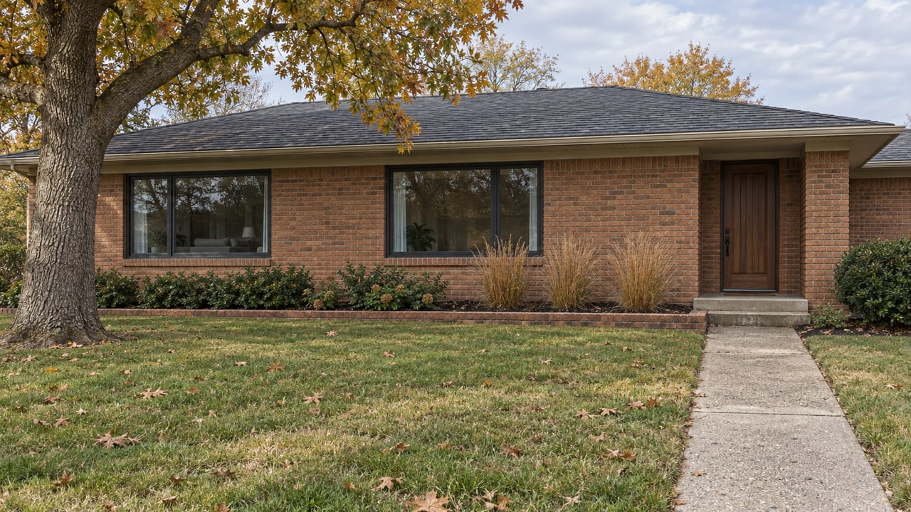 Updated low brick home behind a deep autumn lawn, with a mature oak and a concrete entry walk.