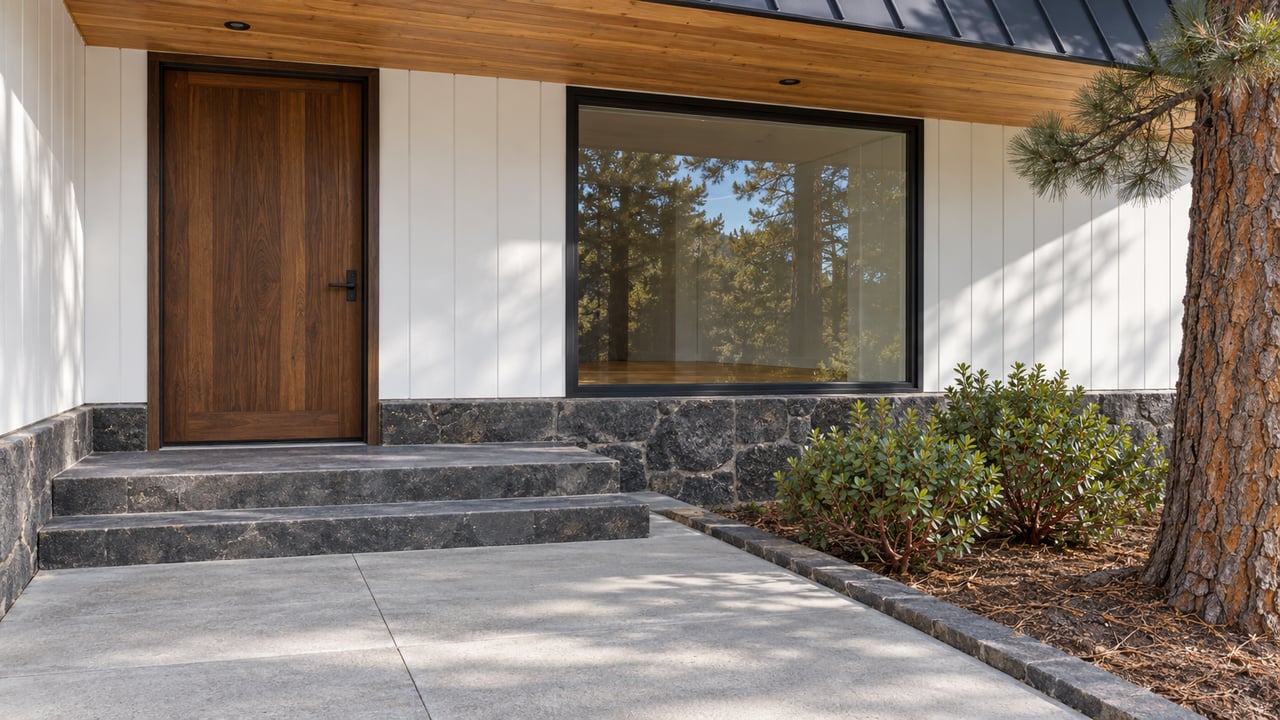 Covered home entry with a wood door, white siding, cedar soffit and basalt steps beside a ponderosa pine and manzanita planting.