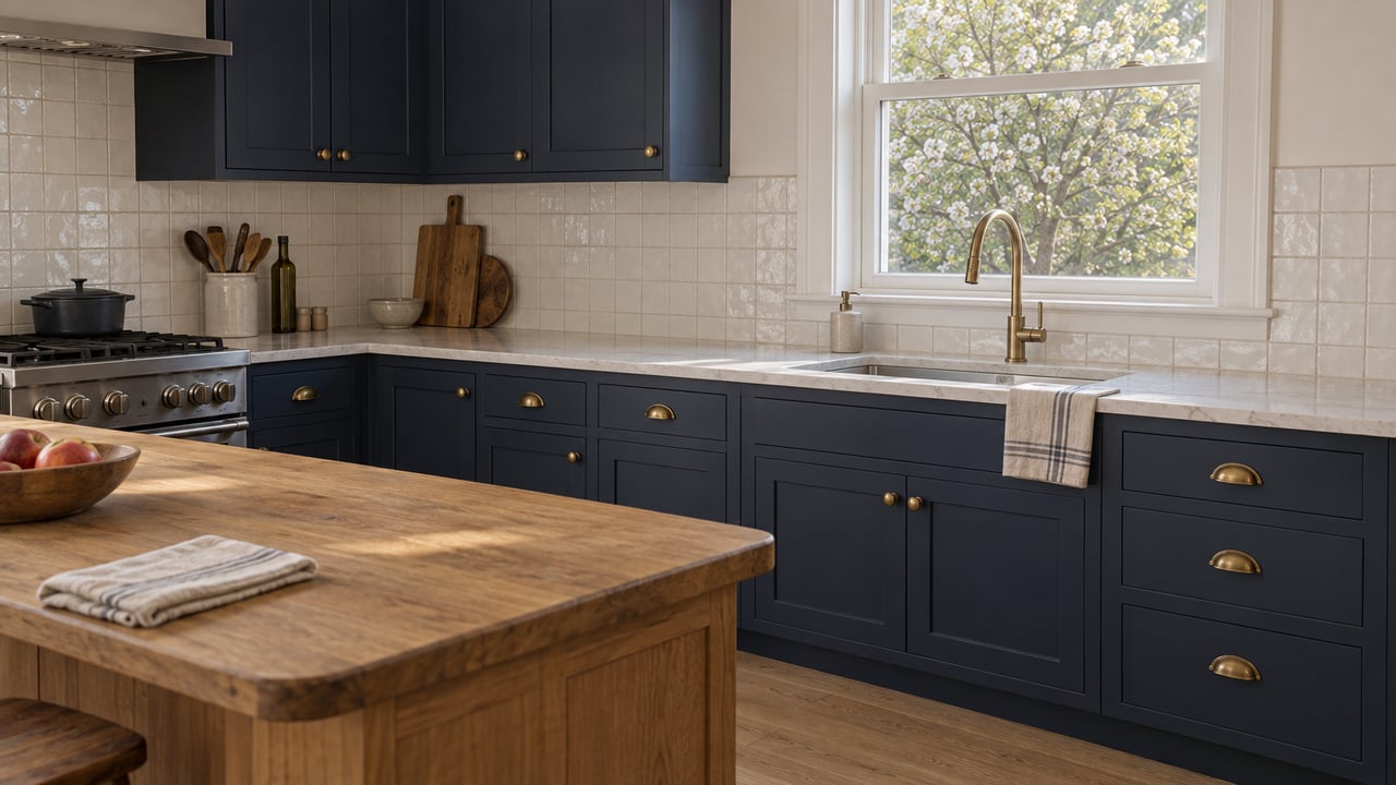 Kitchen with navy cabinets, white tile backsplash, oak island, and a window overlooking a leafy tree.