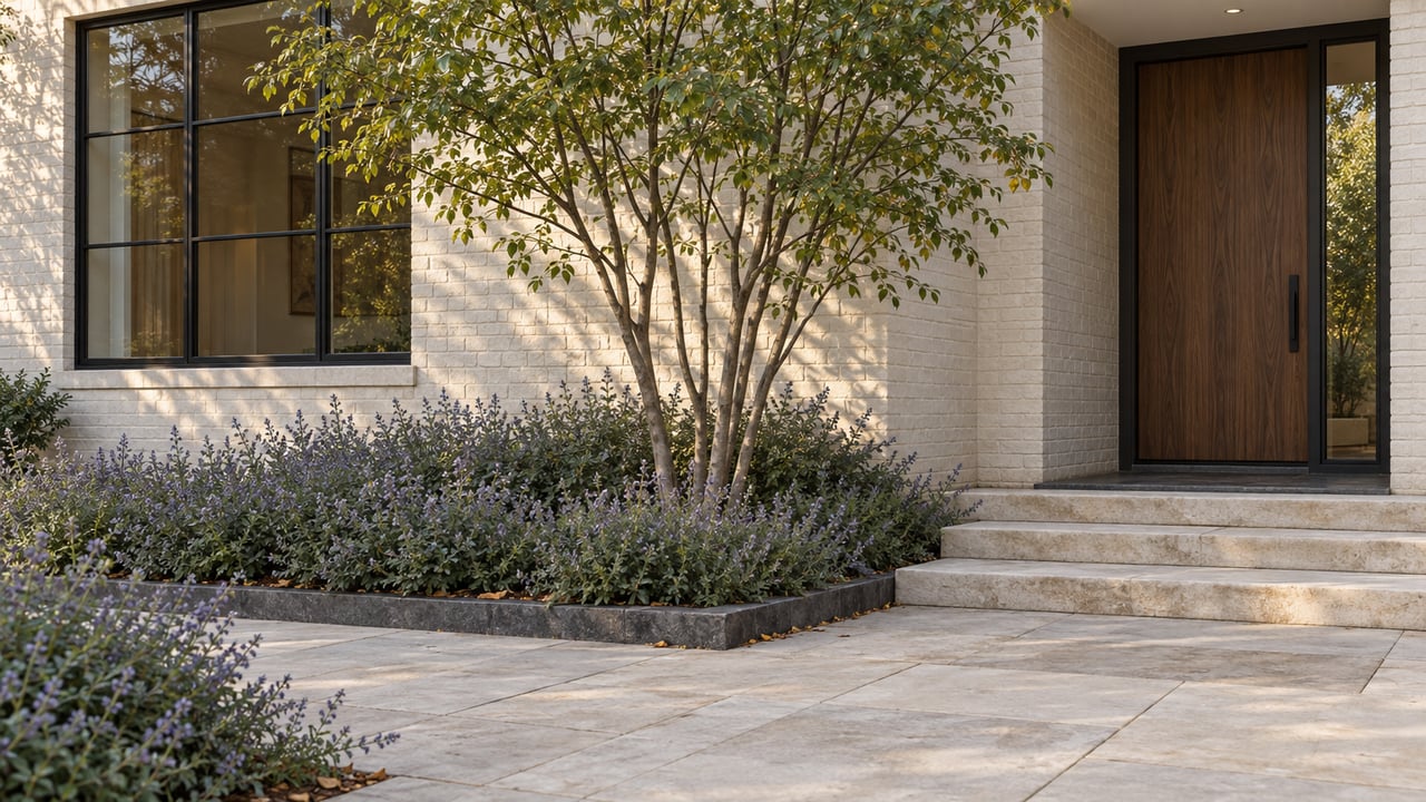Warm-white brick home entry with walnut door, divided-light window, limestone steps, and a pruned tree.
