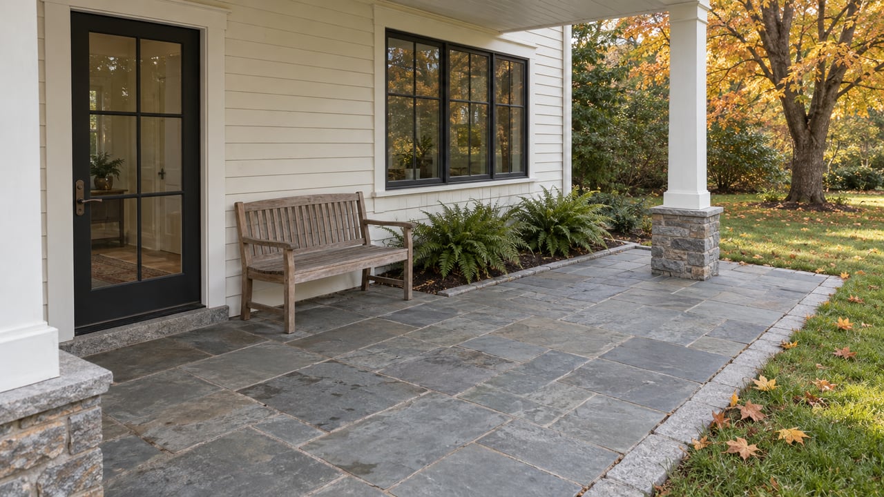 Cream clapboard home with a glazed side door, weathered teak bench and blue-gray stone terrace beside an amber maple tree.